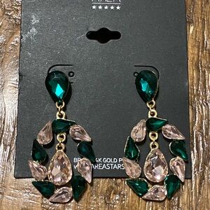 AREA STARS 14k Gold Over Brass Oval Drop Earrings With Pink & Green Rhinestones